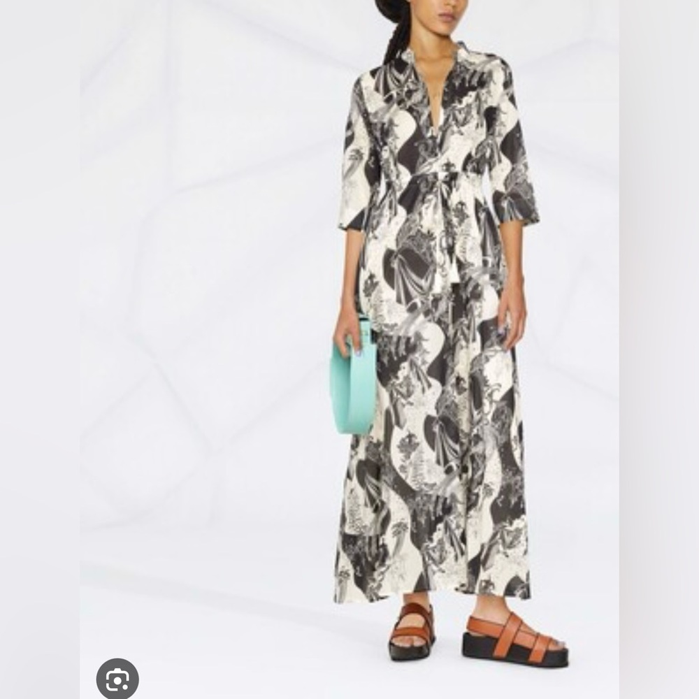 Tory Burch Leaf Printed Shirt Dress XS Ivory & Black
